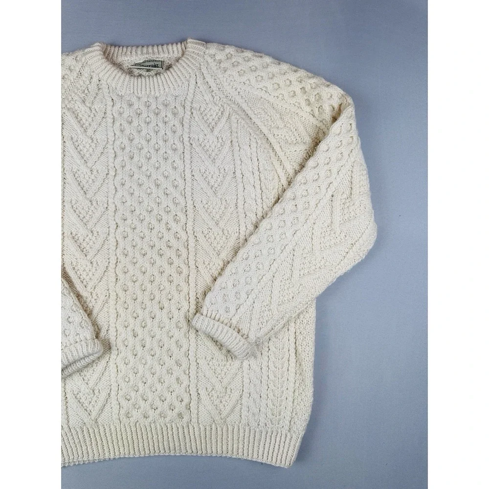 Vintage Carraig Donn Merino Wool Irish Fisherman Cable Knit Sweater L Ireland